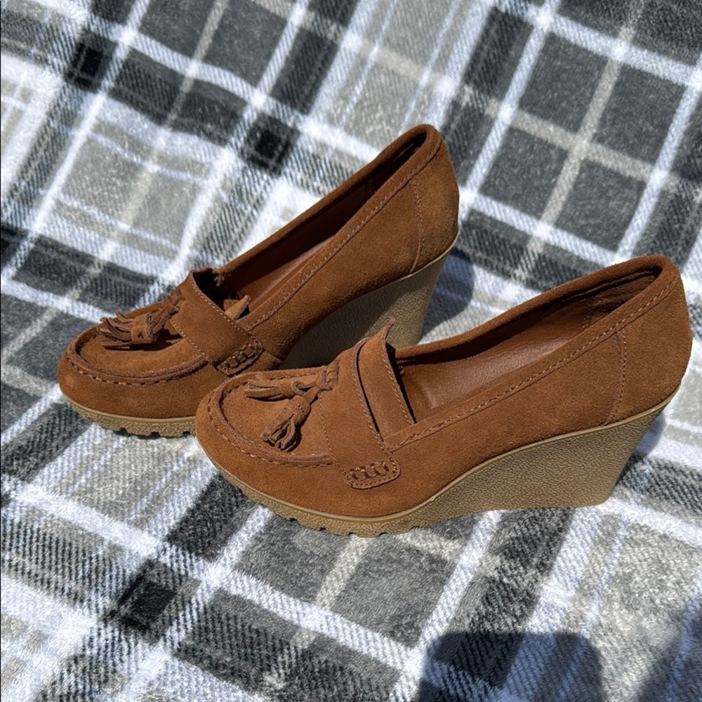 MIA Brown Suede Wedge Loafers with Tassels